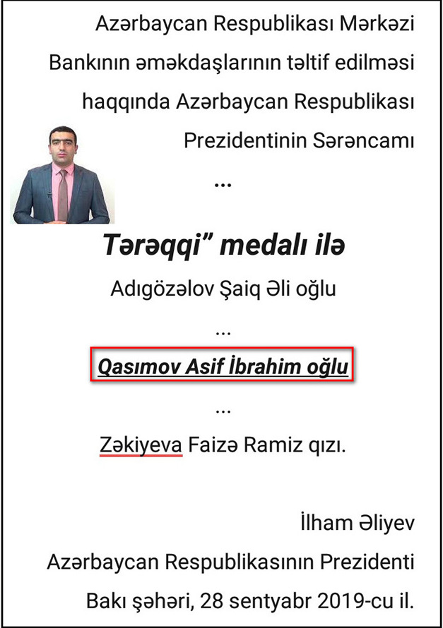 Həmyerlimiz Asif İbrahim oğlu Qasımovun Azərbaycan Respublikasının “Tərəqqi” medalı ilə təltif edilməsi haqqında